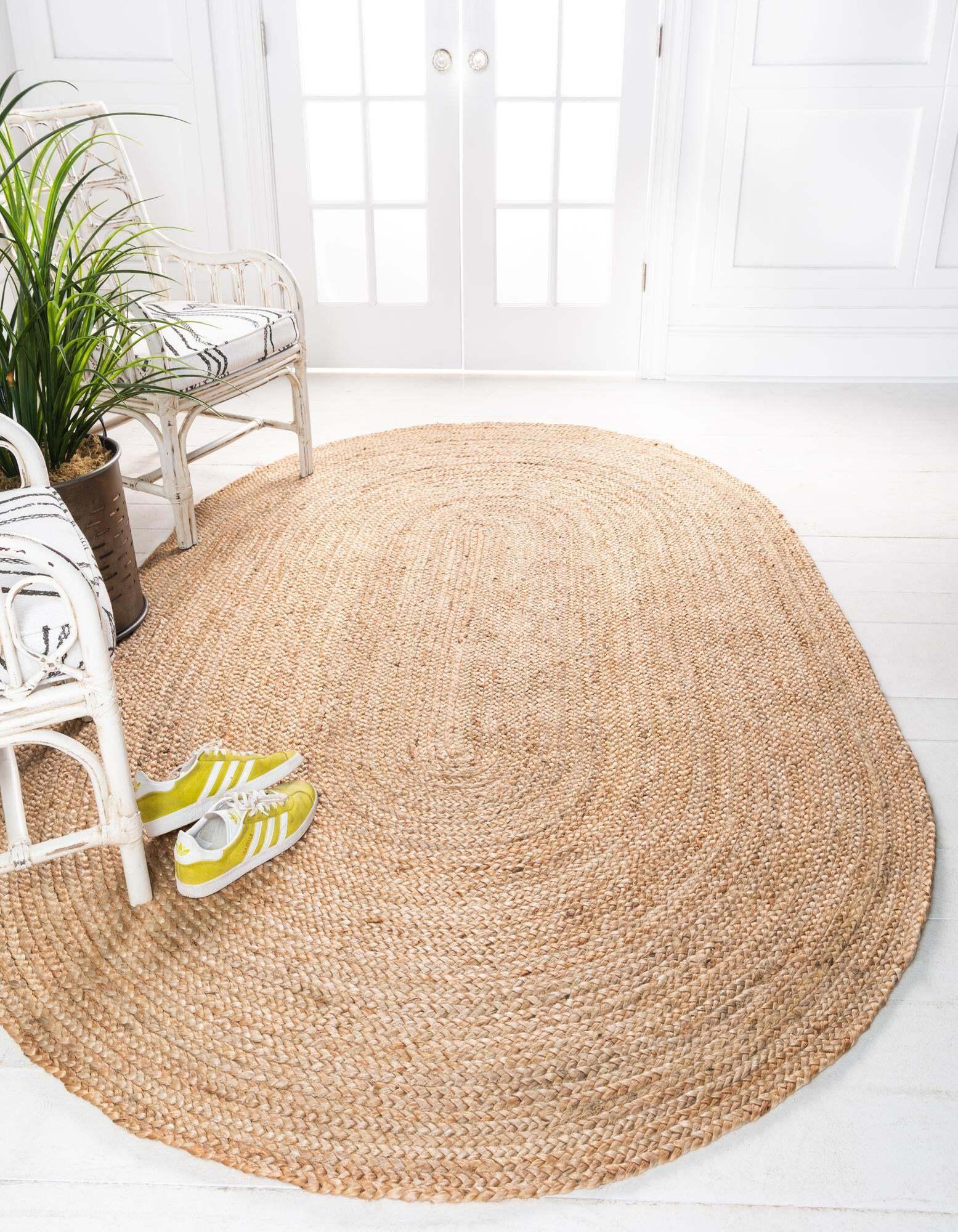 Unique Loom Indoor Rugs - Braided Jute Solid Oval 8x10 Oval Rug Natural