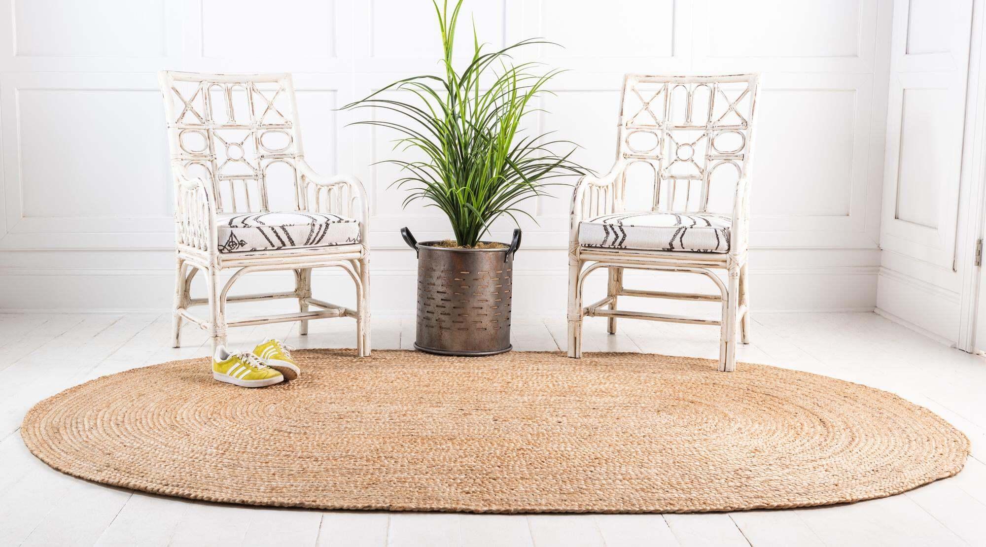 Unique Loom Indoor Rugs - Braided Jute Solid Oval 8x10 Oval Rug Natural