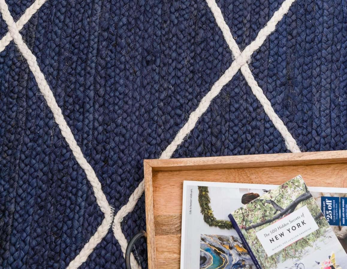 Unique Loom Indoor Rugs - Braided Jute Trellis 9x12 Rectangular Rug Navy Blue