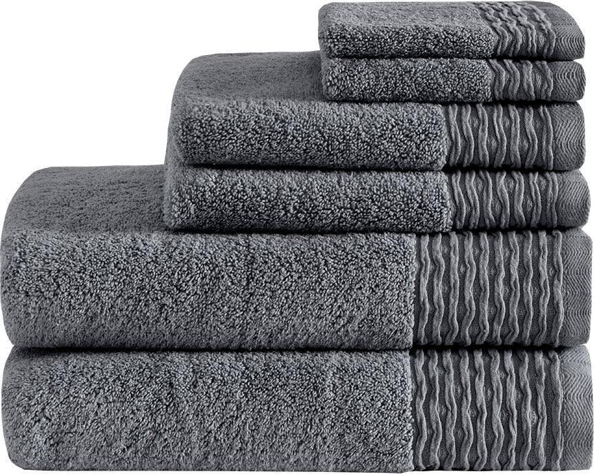 Olliix.com Bath Towels - Breeze Jacquard Wavy Border Zero Twist Cotton Towel Set Charcoal