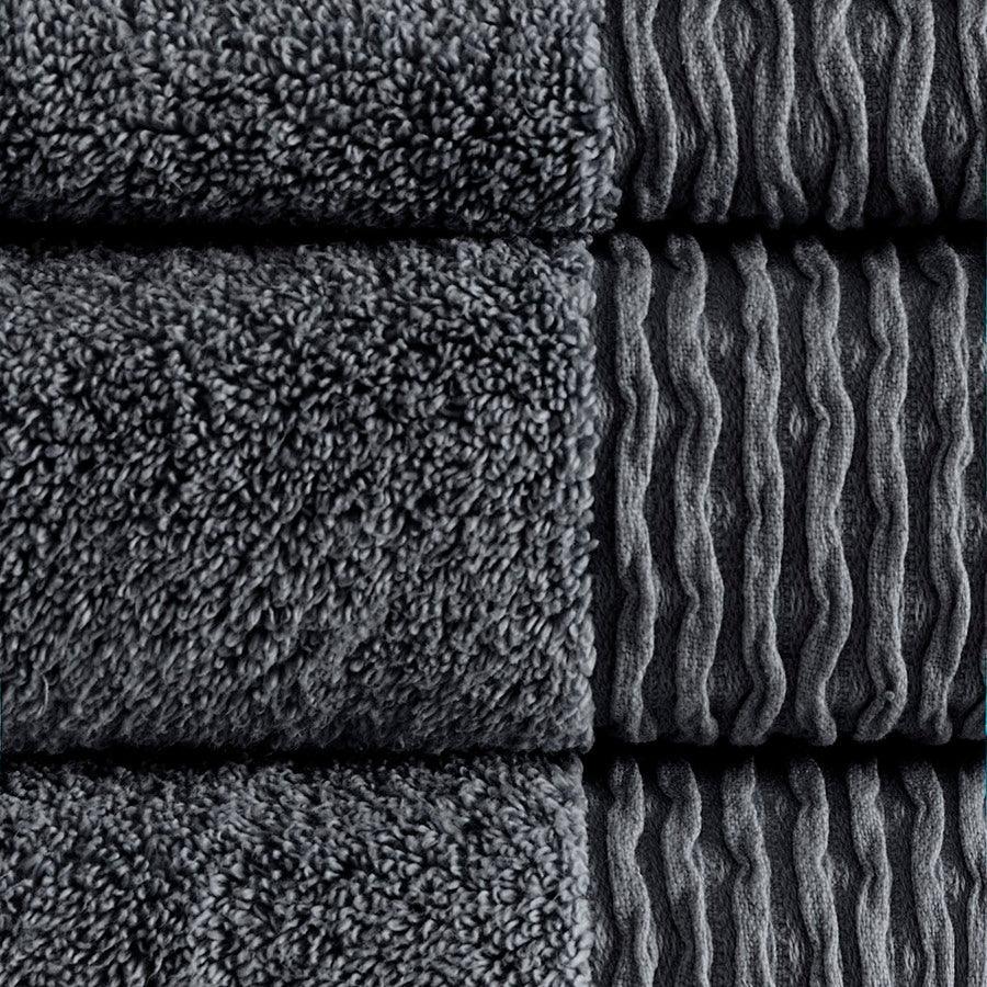 Olliix.com Bath Towels - Breeze Jacquard Wavy Border Zero Twist Cotton Towel Set Charcoal