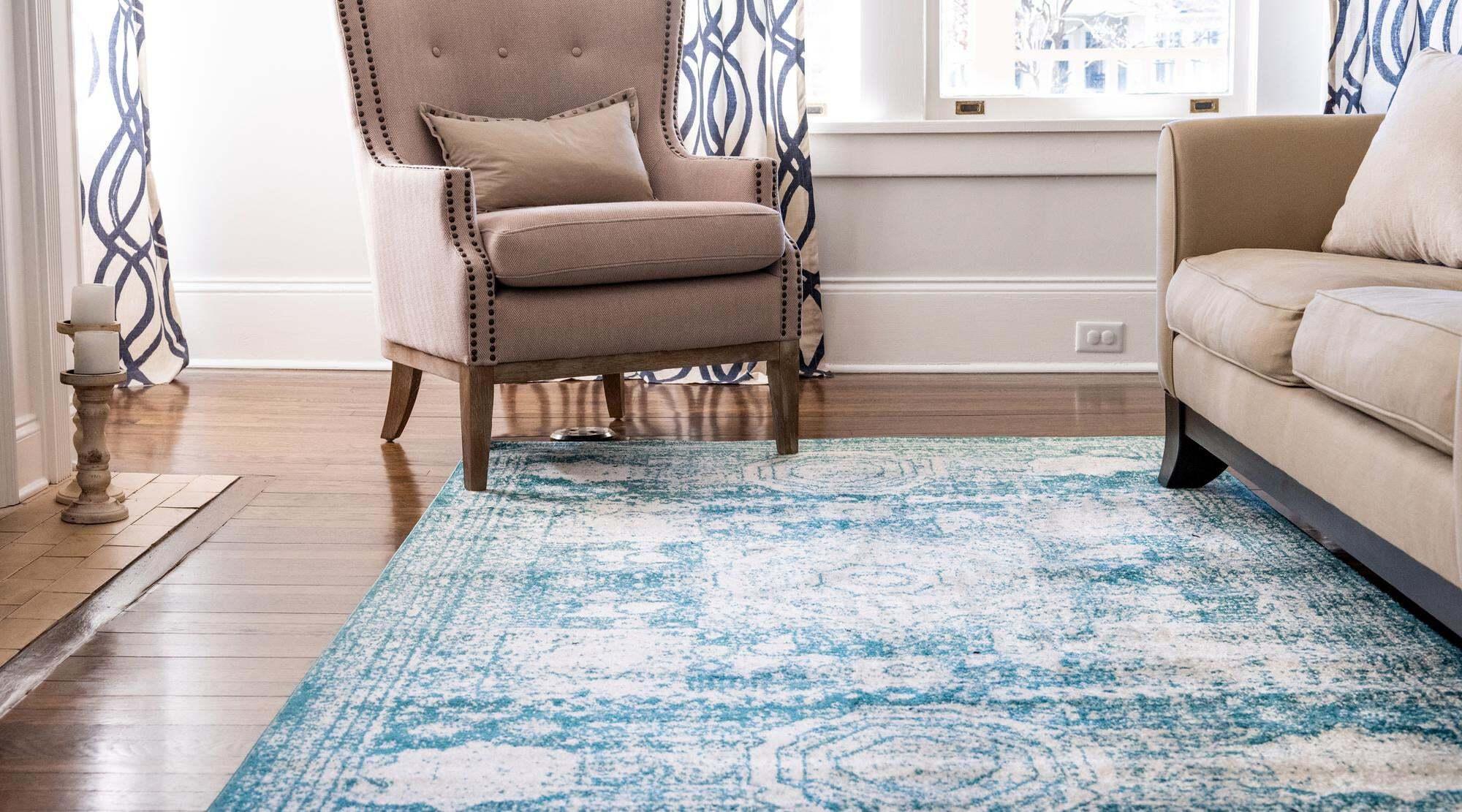 Unique Loom Indoor Rugs - Bromley Border Rectangular 8x10 Rug Turquoise & Ivory