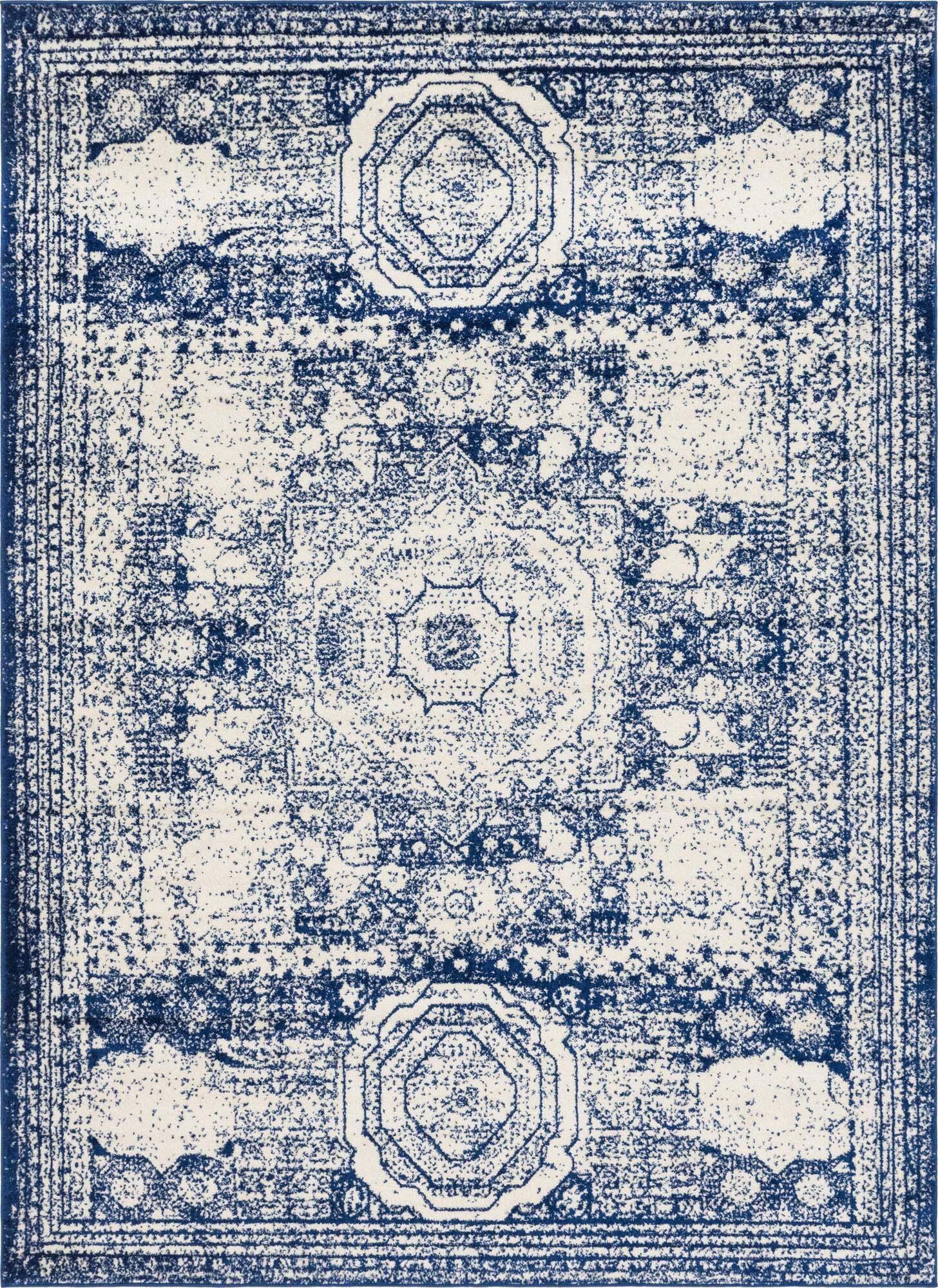 Unique Loom Indoor Rugs - Bromley Border Rectangular 8x11 Rug Blue & Ivory