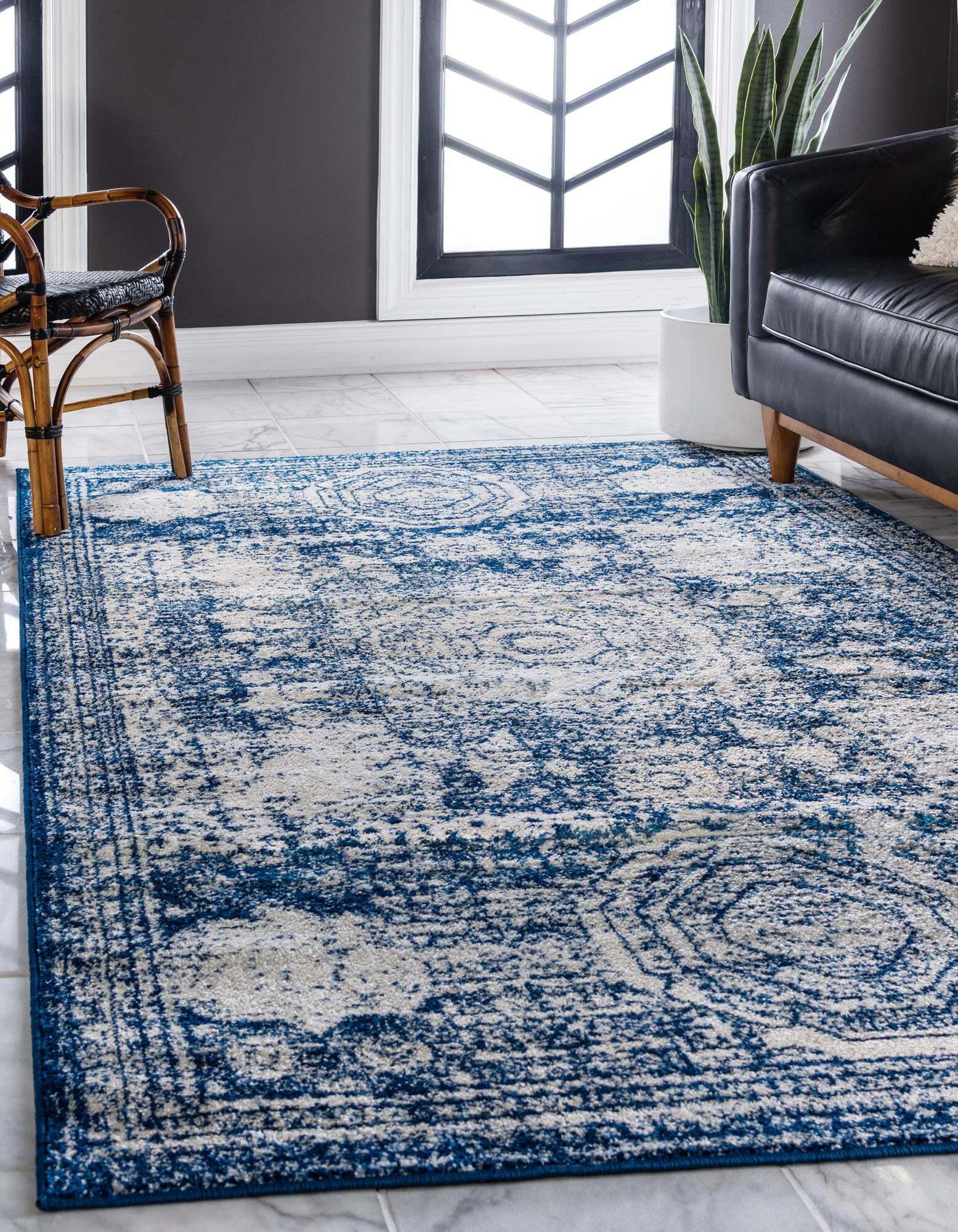 Unique Loom Indoor Rugs - Bromley Border Rectangular 8x11 Rug Blue & Ivory