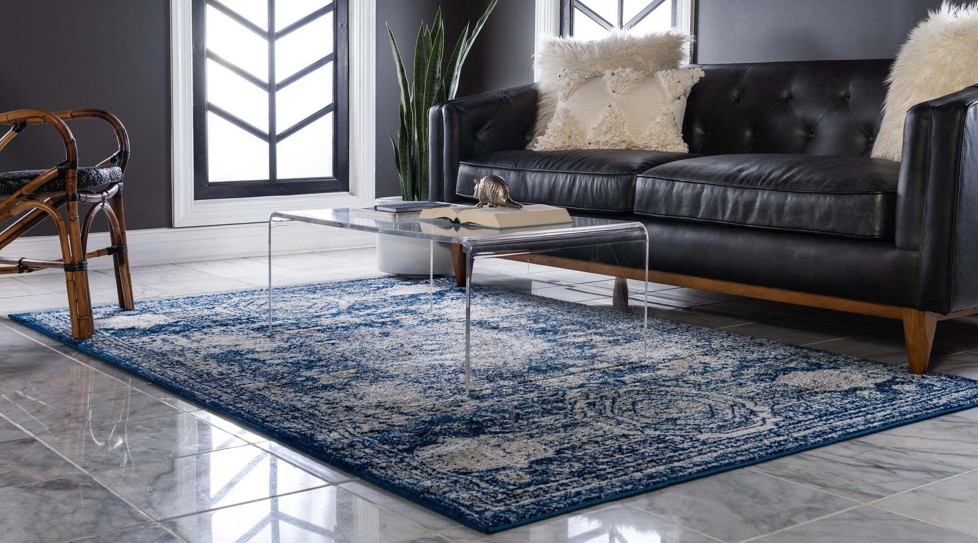 Unique Loom Indoor Rugs - Bromley Border Rectangular 8x11 Rug Blue & Ivory