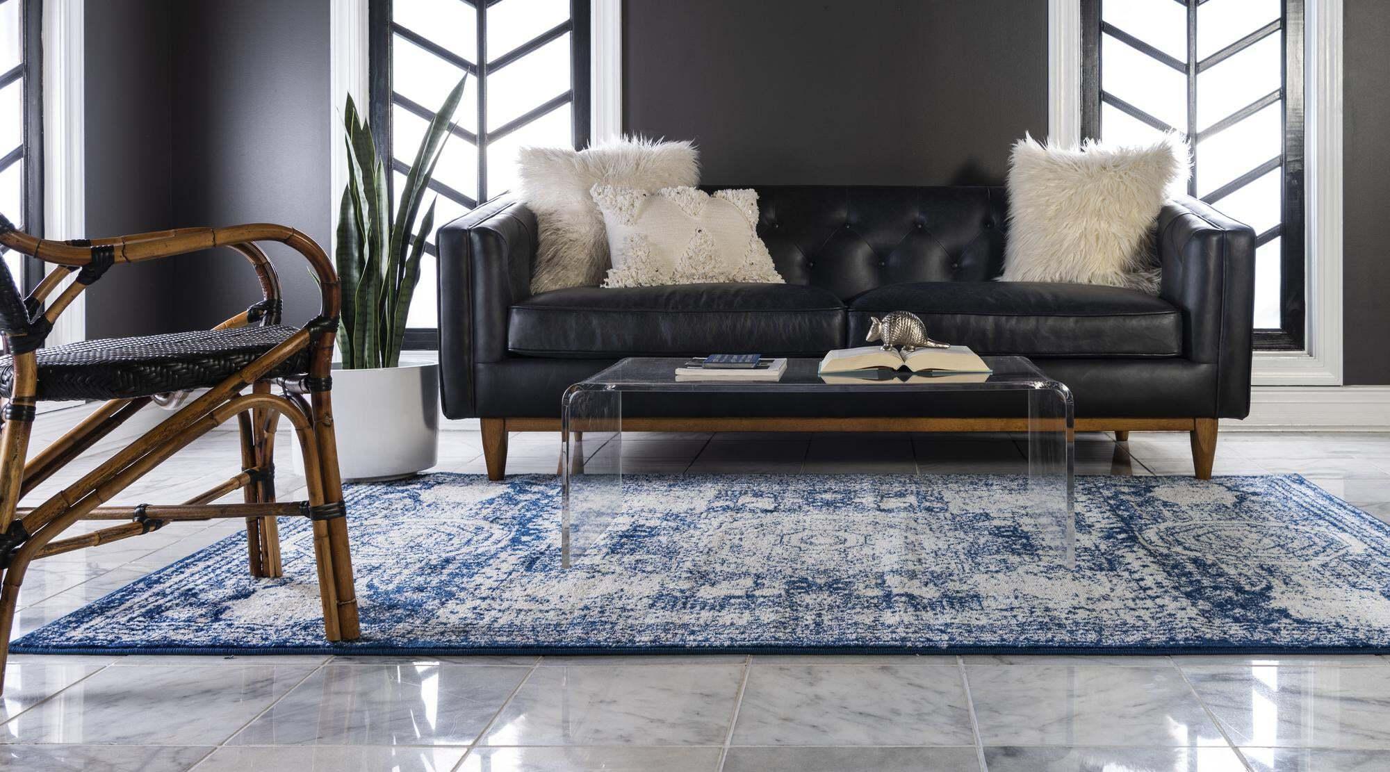 Unique Loom Indoor Rugs - Bromley Border Rectangular 8x11 Rug Blue & Ivory