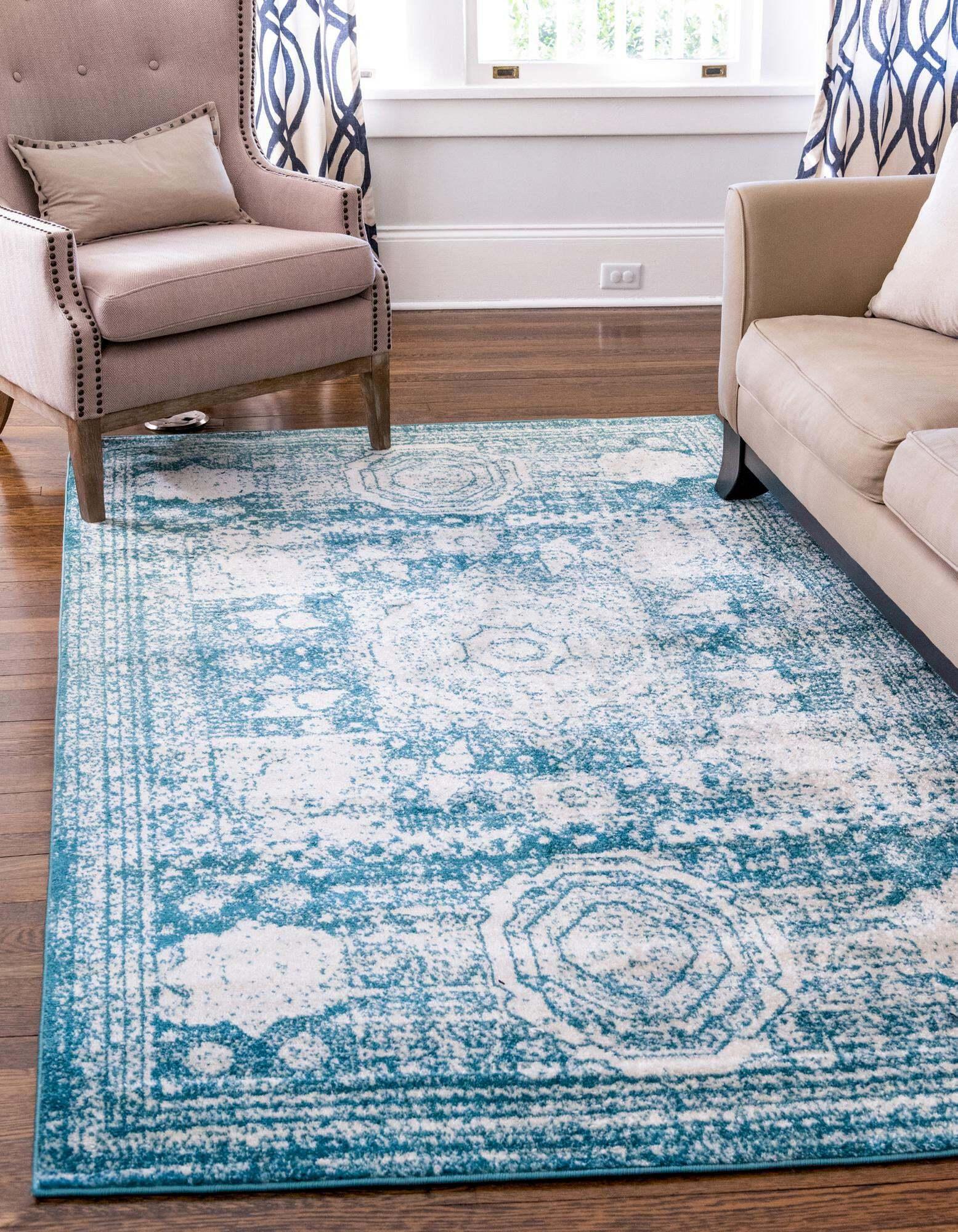 Unique Loom Indoor Rugs - Bromley Border Rectangular 8x11 Rug Turquoise & Ivory