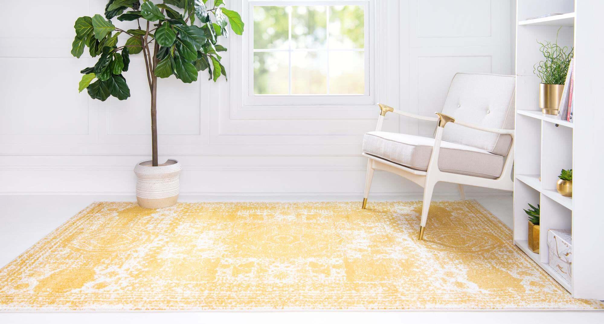 Unique Loom Indoor Rugs - Bromley Border Rectangular 8x11 Rug Yellow & Ivory