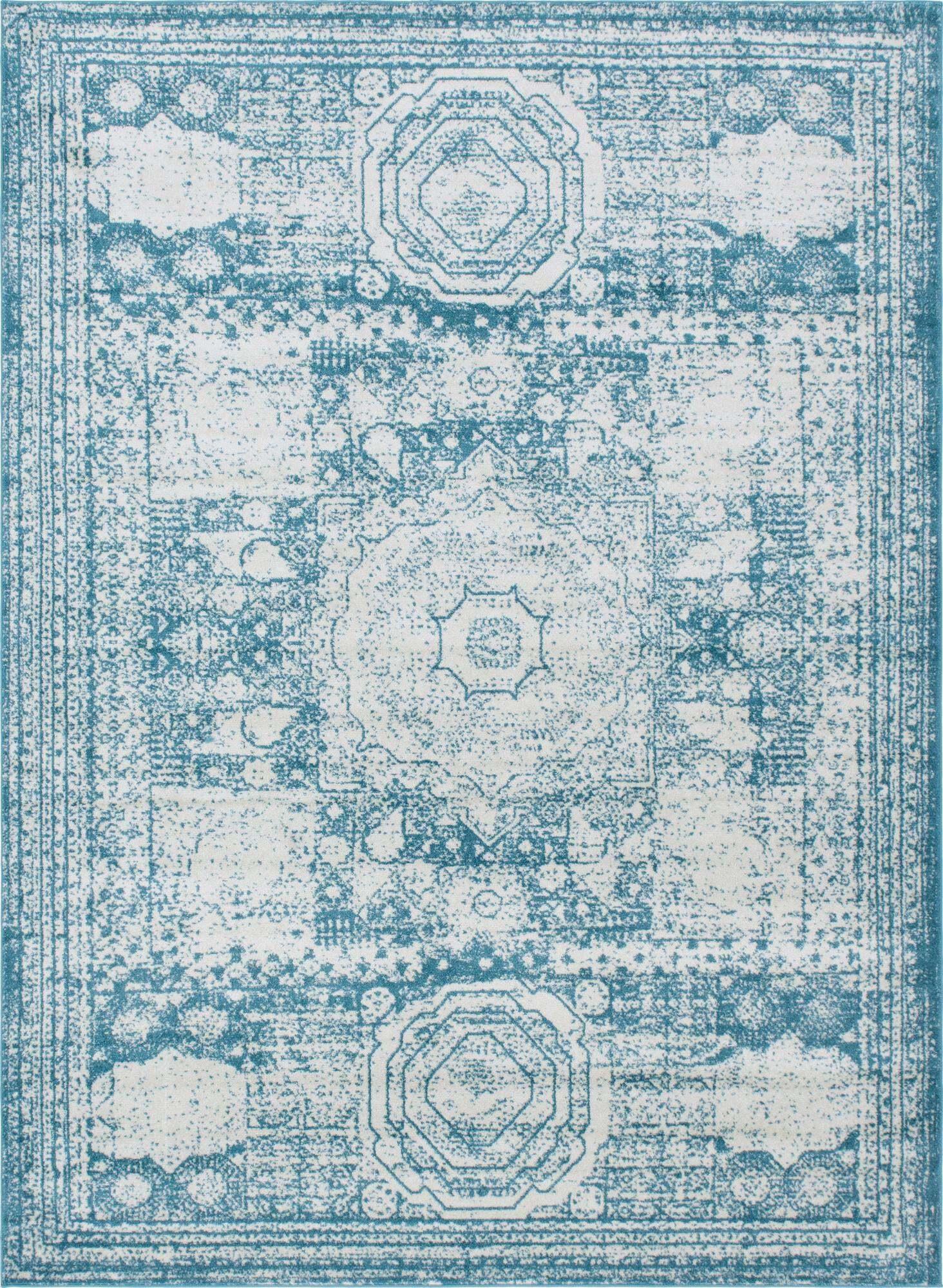 Unique Loom Indoor Rugs - Bromley Border Rectangular 9x12 Rug Turquoise & Ivory