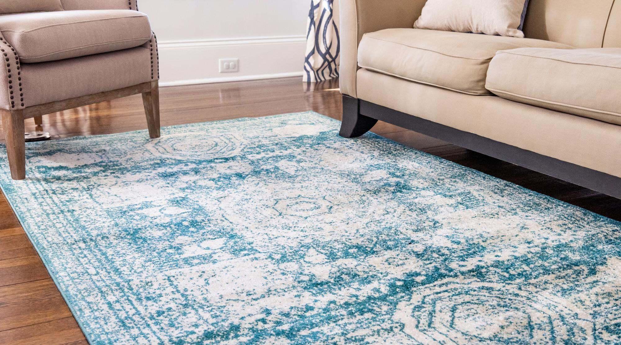 Unique Loom Indoor Rugs - Bromley Border Rectangular 9x12 Rug Turquoise & Ivory