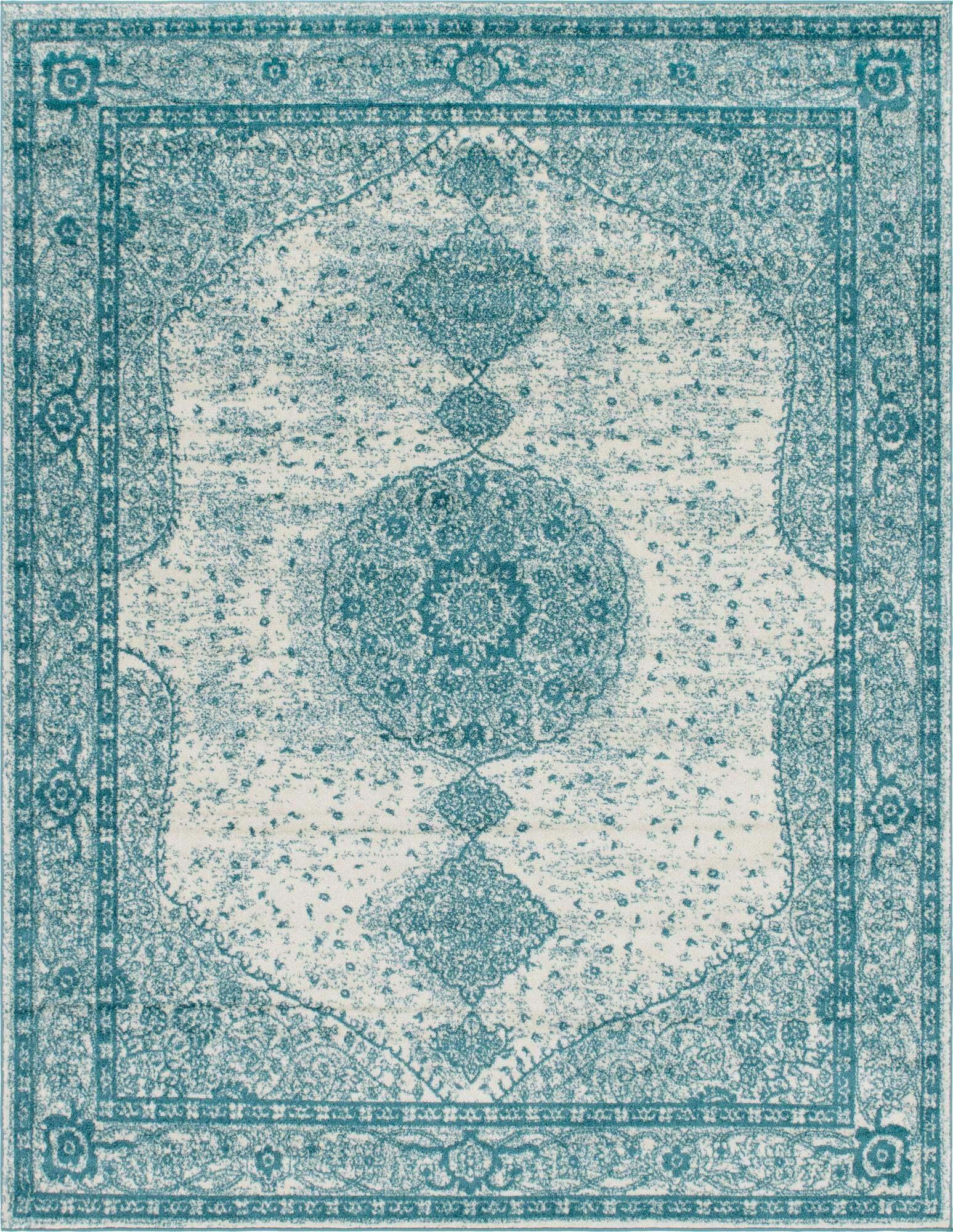 Unique Loom Indoor Rugs - Bromley Medallion Rectangular 8x10 Rug Turquoise & Ivory