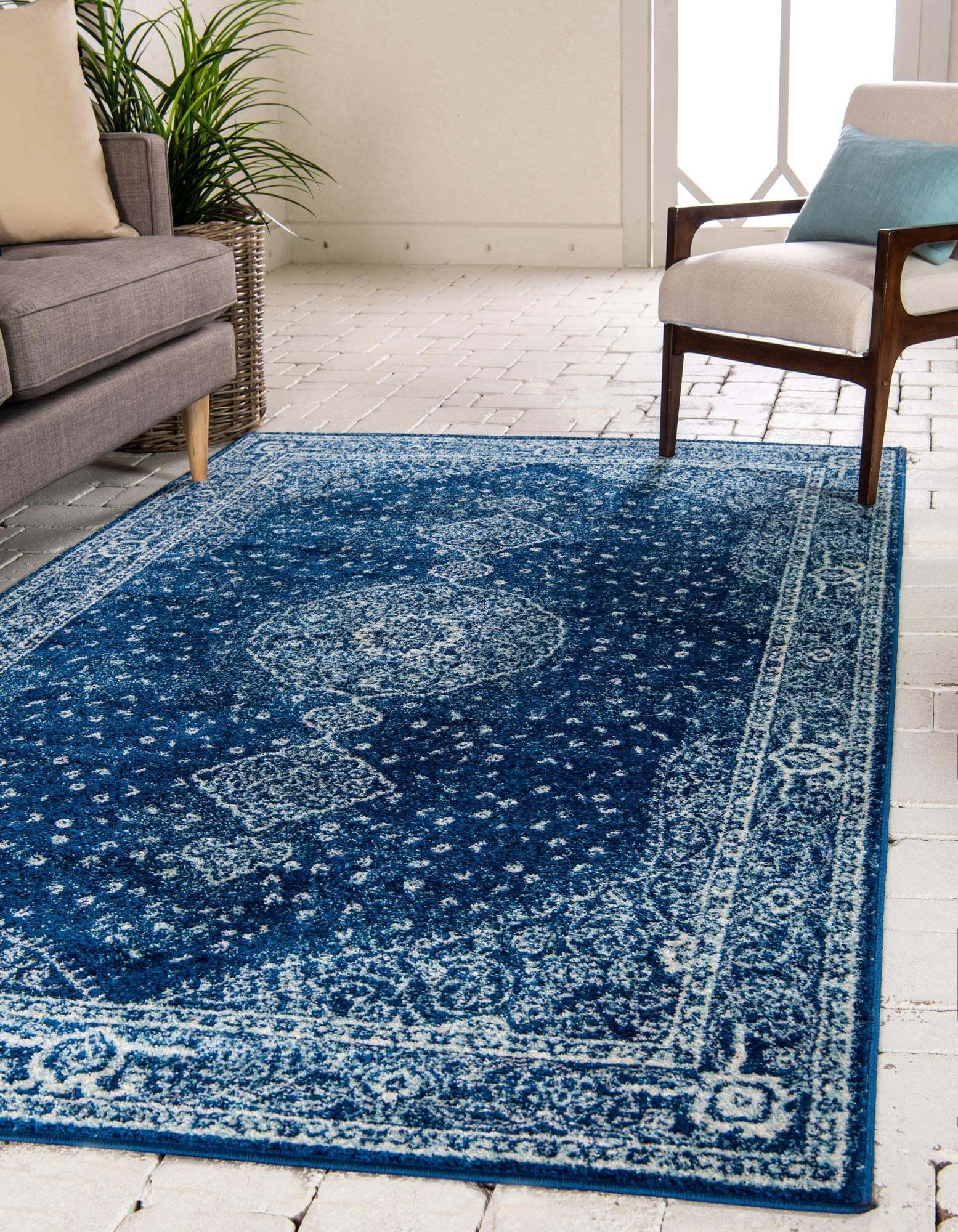 Unique Loom Indoor Rugs - Bromley Medallion Rectangular 8x11 Rug Navy Blue & Ivory