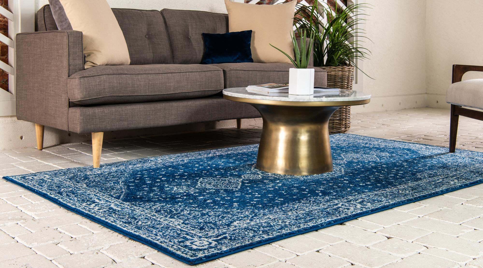 Unique Loom Indoor Rugs - Bromley Medallion Rectangular 8x11 Rug Navy Blue & Ivory