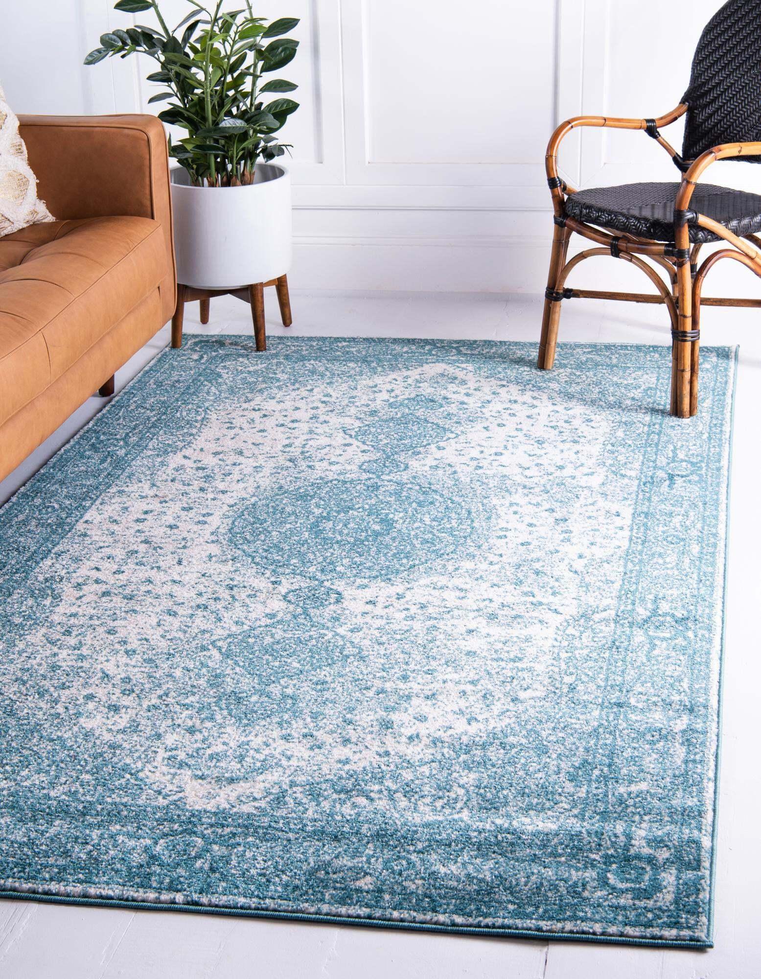 Unique Loom Indoor Rugs - Bromley Medallion Rectangular 8x11 Rug Turquoise & Ivory