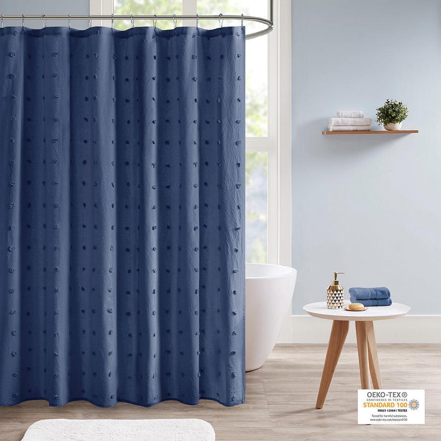 Olliix.com Shower Curtains - Brooklyn Cotton Jacquard Pom Pom Shower Curtain Indigo Blue
