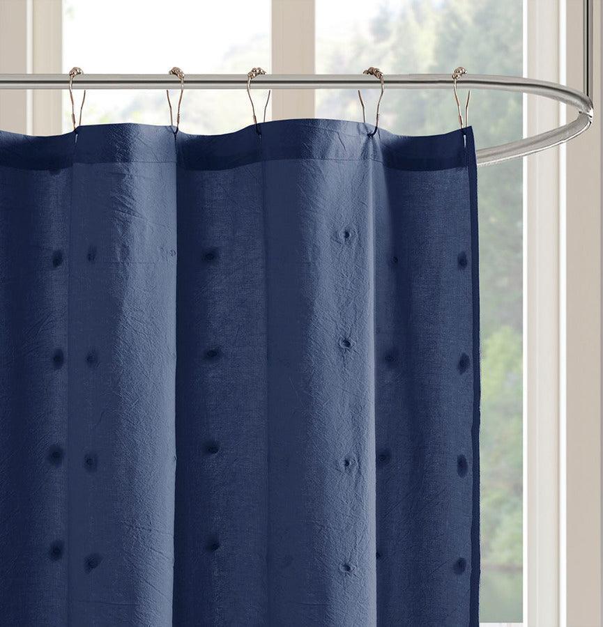 Olliix.com Shower Curtains - Brooklyn Cotton Jacquard Pom Pom Shower Curtain Indigo Blue