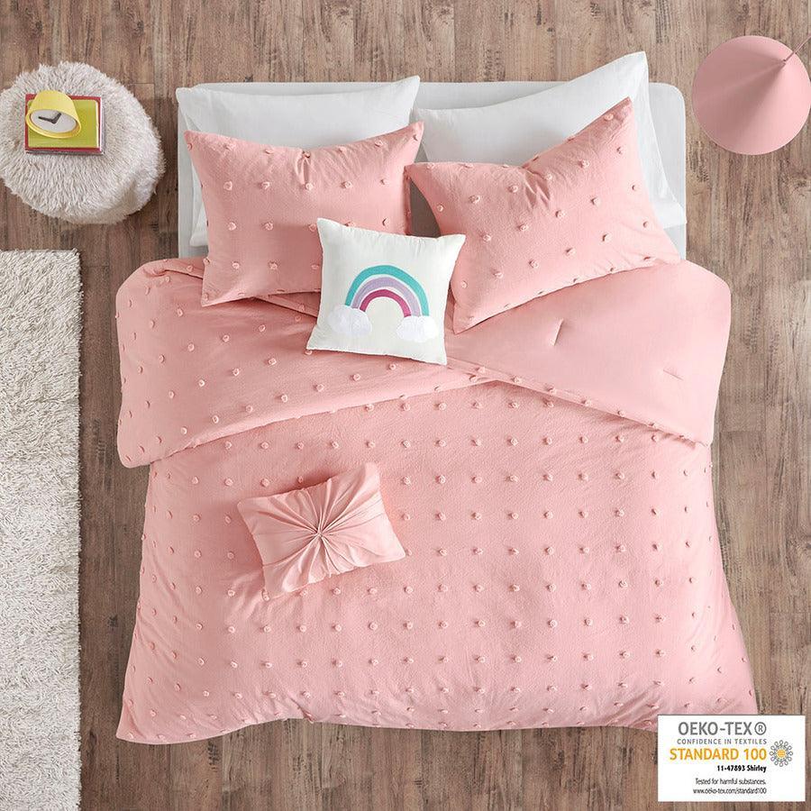 Olliix.com Comforters & Blankets - Callie Twin Cotton Jacquard Pom Pom Comforter Set Pink