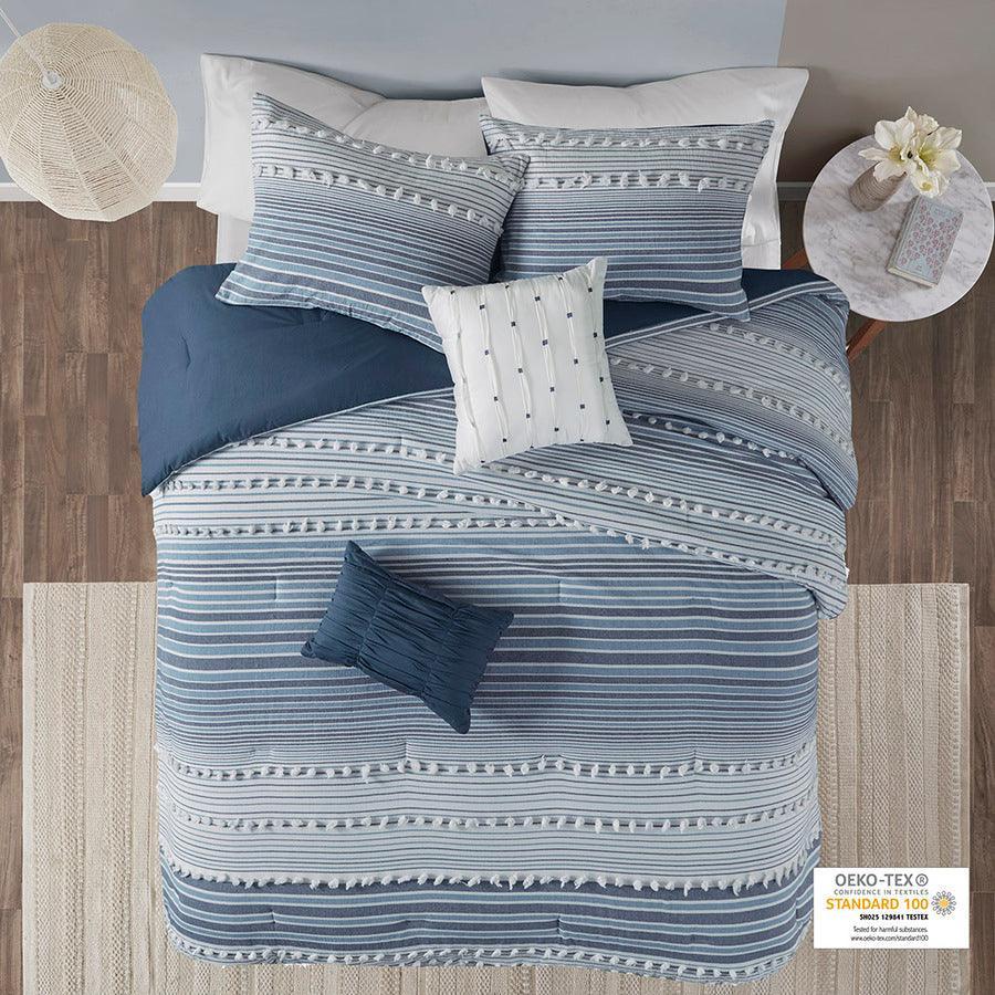 Olliix.com Comforters & Blankets - Calum Casual Cotton Jacquard Comforter Set Navy King/Cal King