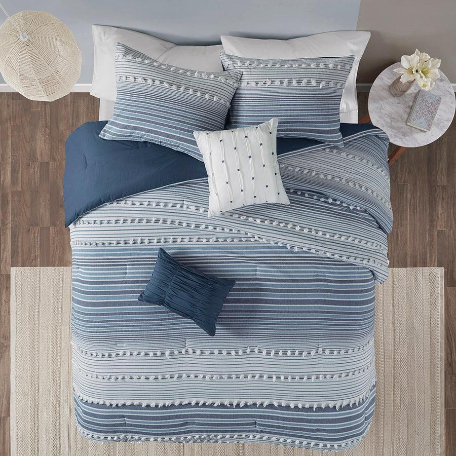 Olliix.com Comforters & Blankets - Calum Casual Cotton Jacquard Comforter Set Navy King/Cal King