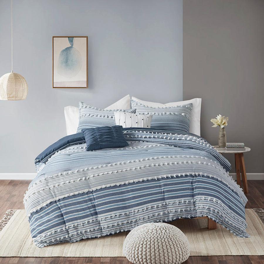 Olliix.com Comforters & Blankets - Calum Casual Cotton Jacquard Comforter Set Navy King/Cal King