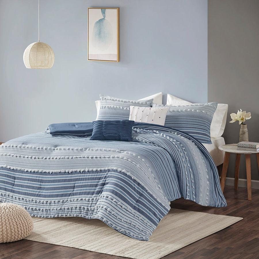 Olliix.com Comforters & Blankets - Calum Casual Cotton Jacquard Comforter Set Navy King/Cal King