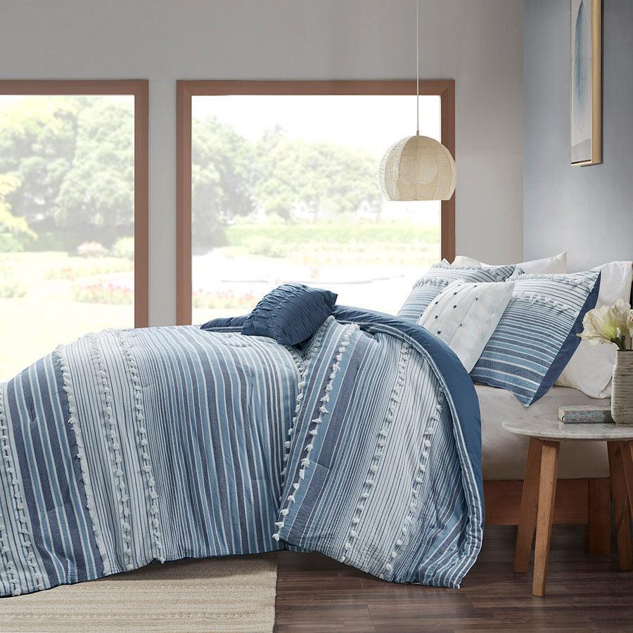 Olliix.com Comforters & Blankets - Calum Casual Cotton Jacquard Comforter Set Navy King/Cal King