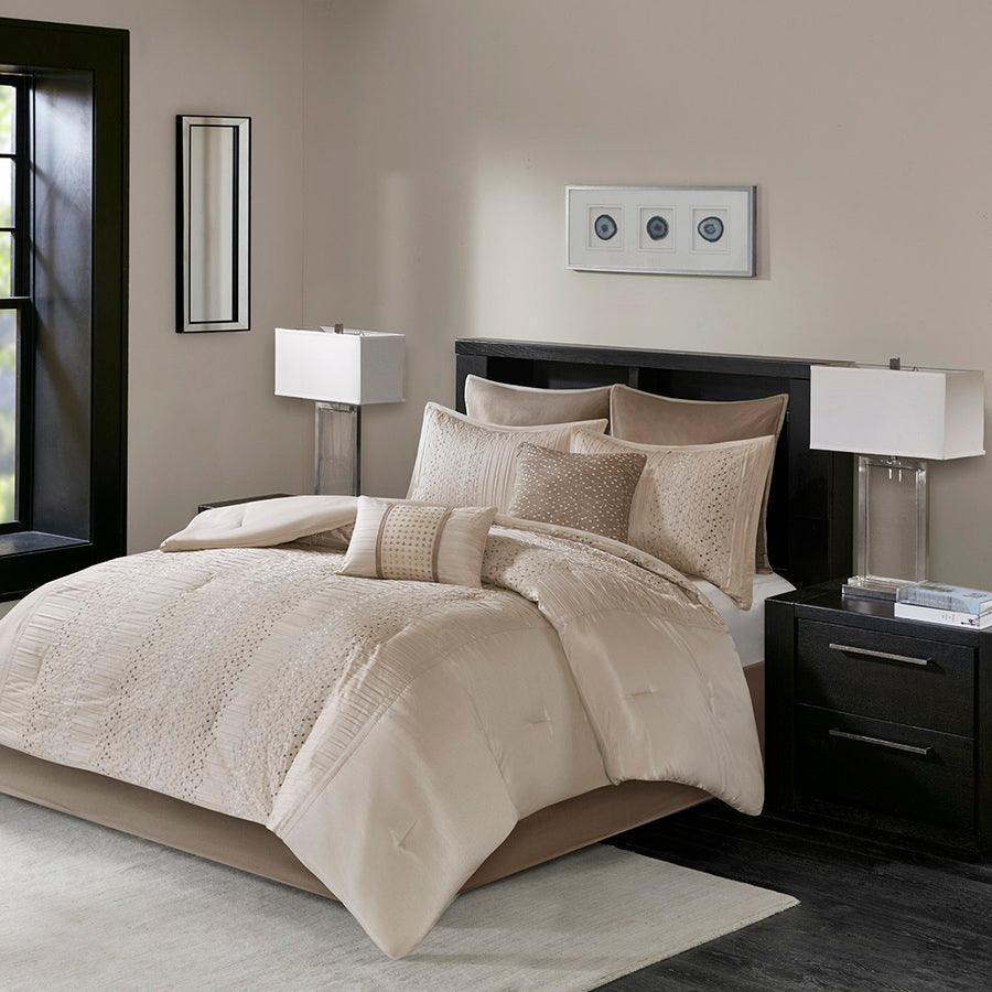 Olliix.com Comforters & Blankets - Camelia Casual| 8 Piece Embroidered Comforter Set Natural King