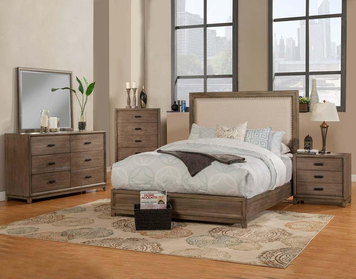 Alpine Furniture Beds - Camilla California King Panel Bed w/Upholstered Headboard & Nailheads, Antique Grey