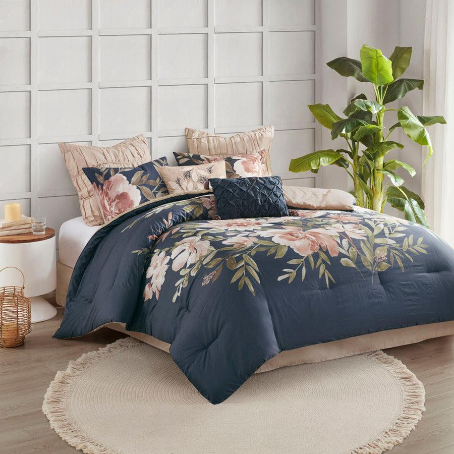 Olliix.com Comforters & Blankets - Camillia 8 Piece 90 " W Cotton Comforter Set Navy