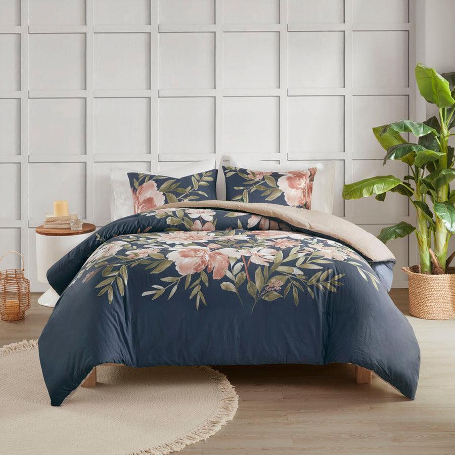 Olliix.com Duvet & Duvet Sets - Camillia Shabby Chic 3 Pc Cotton Duvet Cover Set Full/ Queen Navy