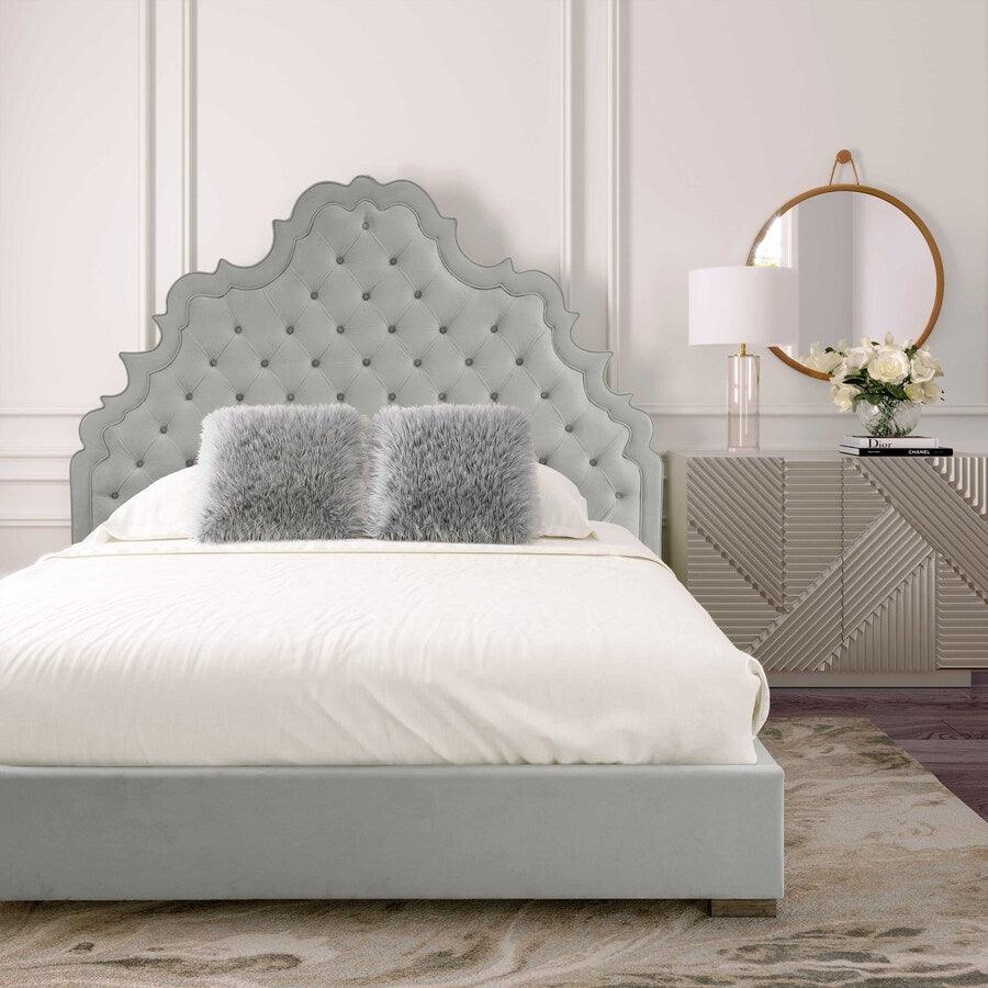Tov Furniture Beds - Carolina Grey Velvet Bed in Queen Gray
