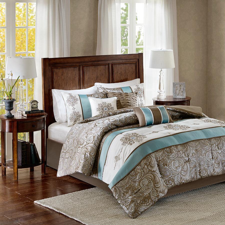 Olliix.com Comforters & Blankets - Caroline Cottage Jacquard 7 Piece Comforter Set Blue Cal King
