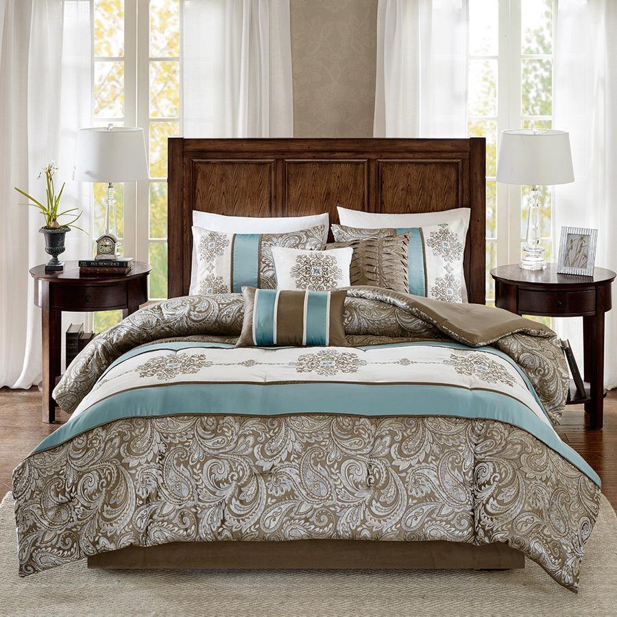 Olliix.com Comforters & Blankets - Caroline Jacquard 7 Piece Comforter Set Blue Queen