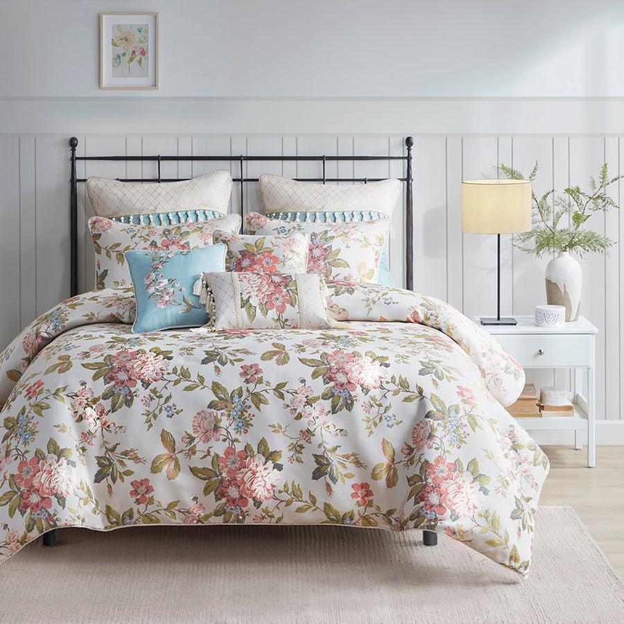 Olliix.com Comforters & Blankets - Carolyn Floral Jacquard Comforter Set With Euro Shams And Pillows Ivory Queen
