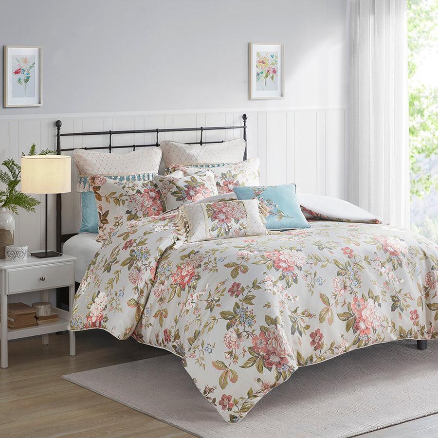 Olliix.com Comforters & Blankets - Carolyn Floral Jacquard Comforter Set With Euro Shams And Pillows Ivory Queen