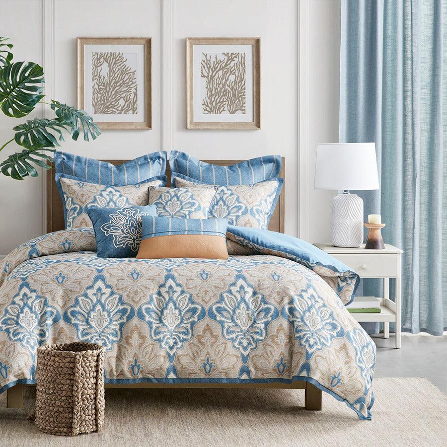 Olliix.com Comforters & Blankets - Caspian Medallion Comforter Set With Euro Shams And Dec Pillows Blue Queen