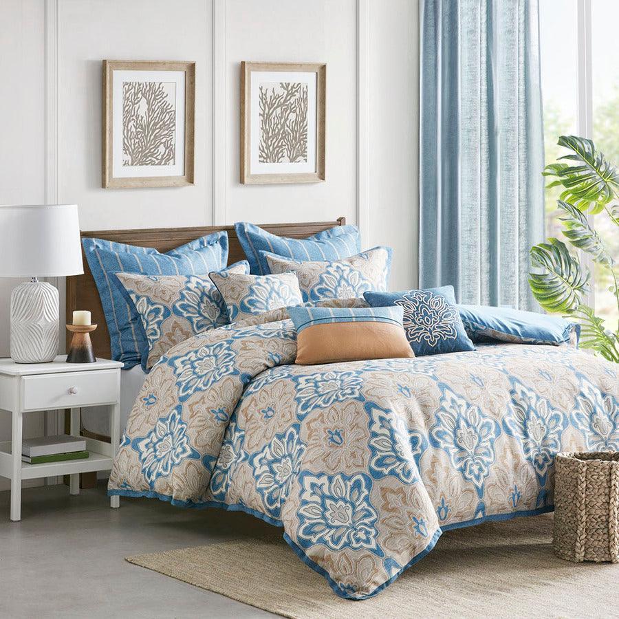 Olliix.com Comforters & Blankets - Caspian Medallion Print Comforter Set With Euro Shams And Dec Pillows Blue King