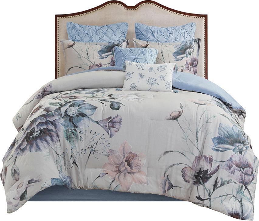 Olliix.com Comforters & Blankets - Cassandra 8 Pieces Cotton Printed Comforter Set Blue King