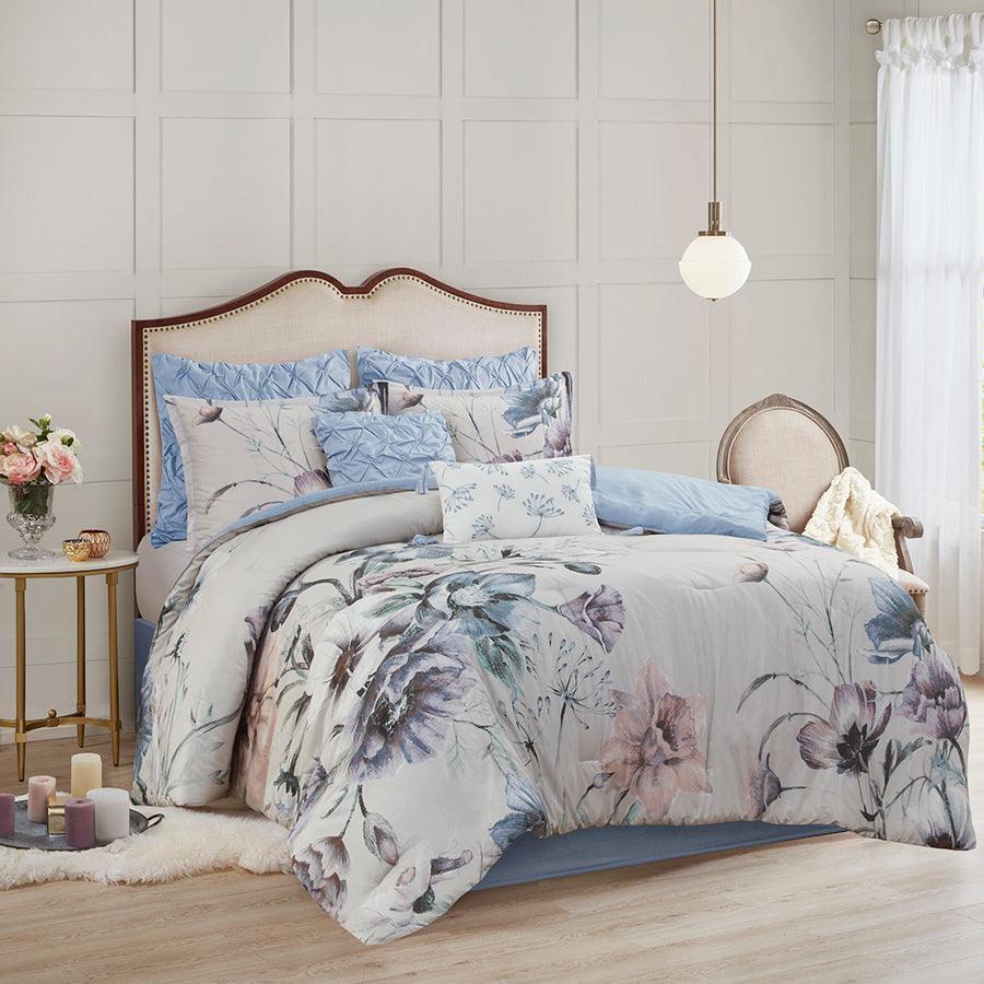 Olliix.com Comforters & Blankets - Cassandra 8 Pieces Cotton Printed Comforter Set Blue King