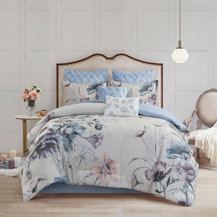Olliix.com Comforters & Blankets - Cassandra 8 Pieces Cotton Printed Comforter Set Blue King