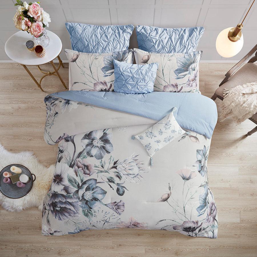 Olliix.com Comforters & Blankets - Cassandra 8 Pieces Cotton Printed Comforter Set Blue King