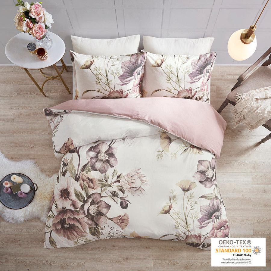 Olliix.com Duvet & Duvet Sets - Cassandra Shabby Chic 3 Pc Cotton Printed Duvet Cover Set Full/Queen Blush