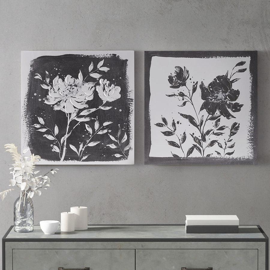 Olliix.com Wall Art - Cassia Floral Embellished Canvas 2 Piece Set Black & White