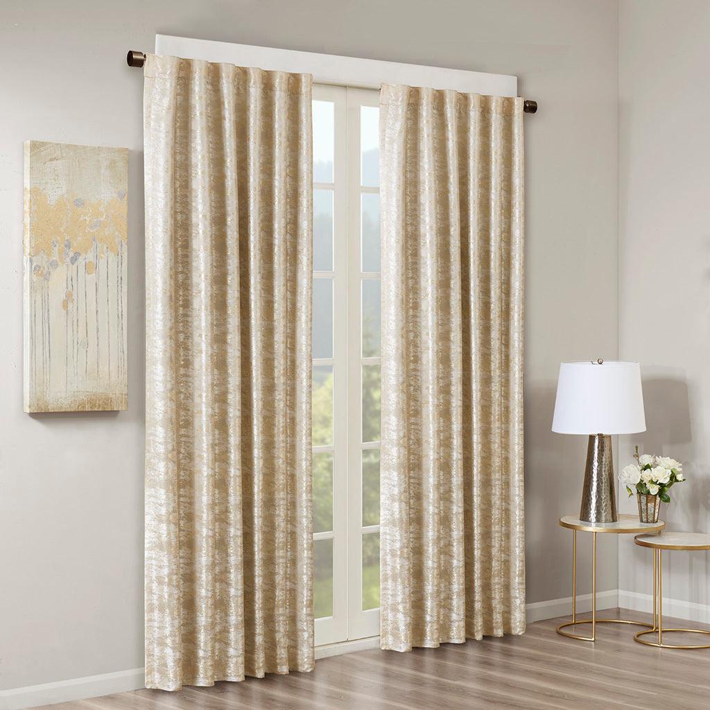 Olliix.com Curtains - Cassius 84 H Marble Jacquard Total Blackout Rod Pocket/Back Tab Curtain Panel Gold