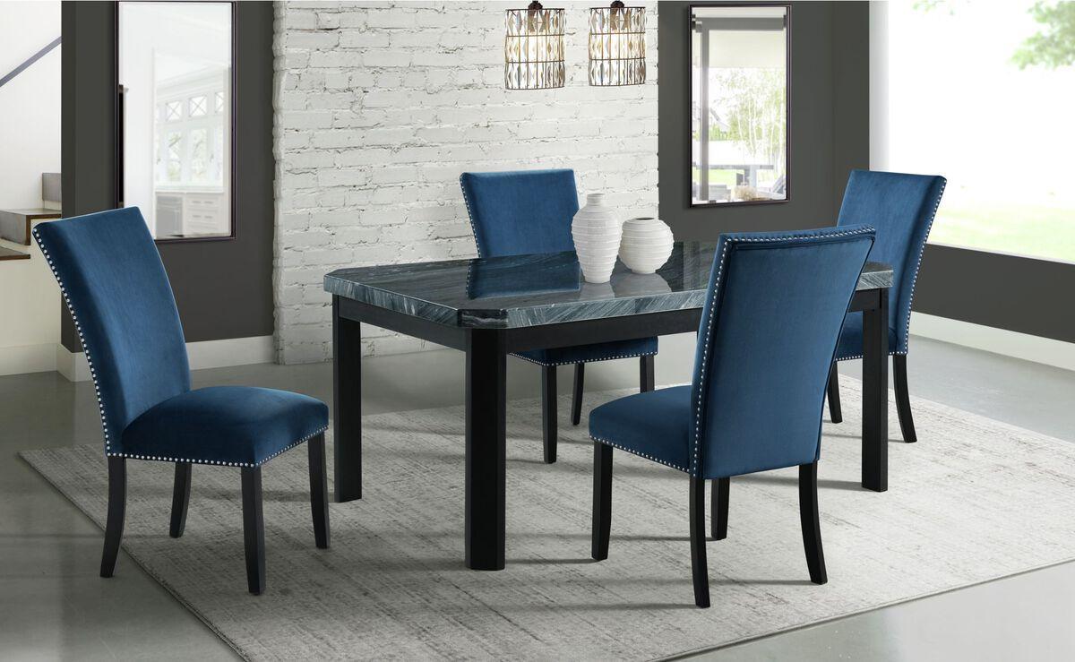 Elements Dining Sets - Celine 5PC Dining Set- Table & Four Blue Velvet Chairs Grey