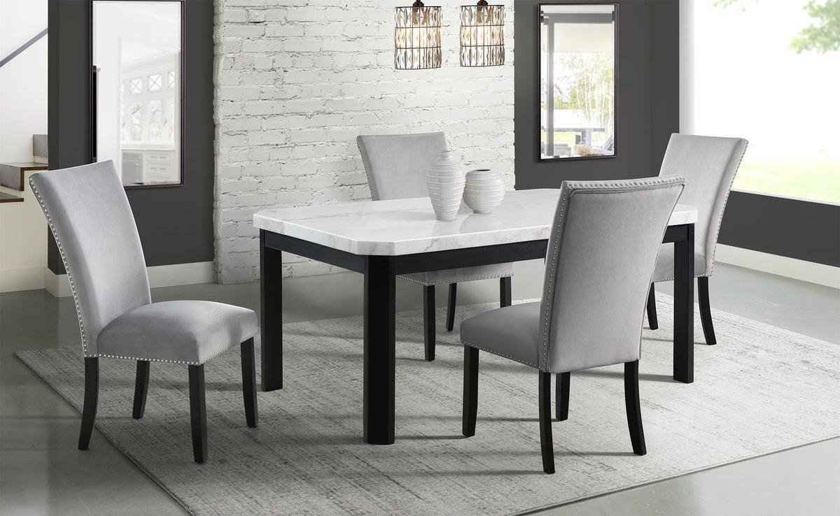 Elements Dining Sets - Celine White Marble 5PC Dining Set-Table & Four Gray Velvet Chairs White &Gray