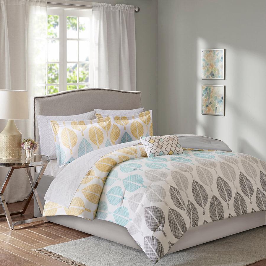 Olliix.com Comforters & Blankets - Central Transitional Park Complete Comforter and Cotton Sheet Set Yellow | Aqua Full