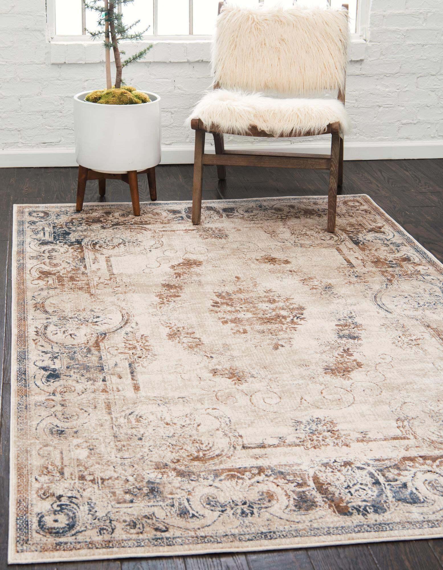 Unique Loom Indoor Rugs - Chateau Border Rectangular 8x10 Rug Beige & Light Brown