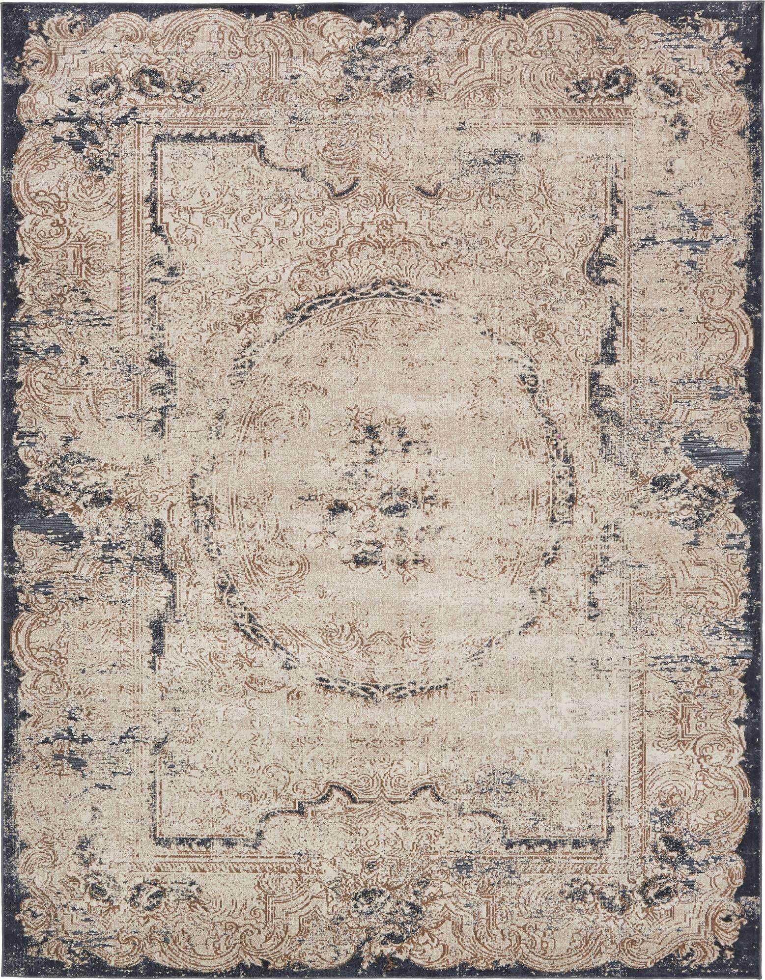 Unique Loom Indoor Rugs - Chateau Border Rectangular 8x10 Rug Beige & Navy Blue