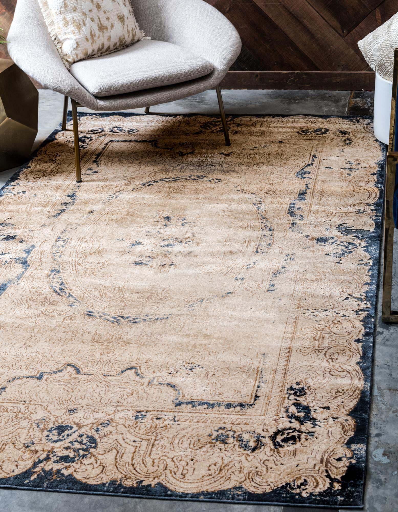 Unique Loom Indoor Rugs - Chateau Border Rectangular 8x10 Rug Beige & Navy Blue